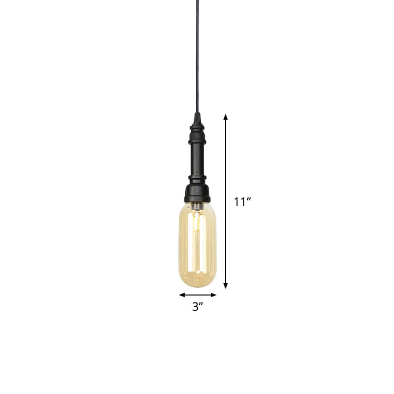 1 Light Ball/Capsule Suspension Light Industrial Black Finish Amber Glass Ceiling Pendant Pipe Lamp Clearhalo 'Ceiling Lights' 'Glass shade' 'Glass' 'Industrial Pendants' 'Industrial' 'Middle Century Pendants' 'Pendant Lights' 'Pendants' 'Tiffany' Lighting' 737466