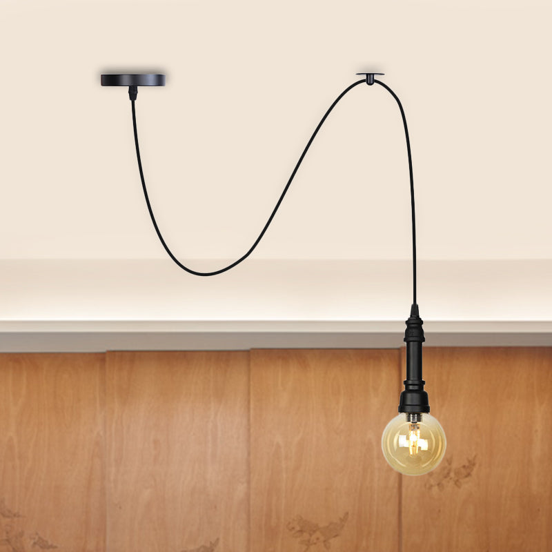 Sphere/Capsule Restaurant Swag Pendant Light Vintage Amber Glass 1-Head Black Pipe Hanging Lamp Fixture Black A Clearhalo 'Ceiling Lights' 'Chandeliers' 'Glass shade' 'Glass' 'Industrial Pendants' 'Industrial' 'Middle Century Pendants' 'Pendant Lights' 'Pendants' 'Tiffany' Lighting' 737472