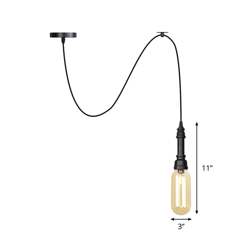 Sphere/Capsule Restaurant Swag Pendant Light Vintage Amber Glass 1-Head Black Pipe Hanging Lamp Fixture Clearhalo 'Ceiling Lights' 'Chandeliers' 'Glass shade' 'Glass' 'Industrial Pendants' 'Industrial' 'Middle Century Pendants' 'Pendant Lights' 'Pendants' 'Tiffany' Lighting' 737485