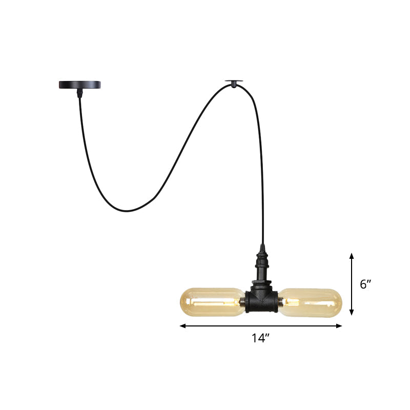 Amber Glass Black Pendant Chandelier Spherical/Capsule 2 Heads Antiqued Suspension Lamp with Swag Design Clearhalo 'Ceiling Lights' 'Chandeliers' 'Glass shade' 'Glass' 'Industrial Chandeliers' 'Industrial' 'Middle Century Chandeliers' 'Pendant Lights' 'Tiffany' Lighting' 737523