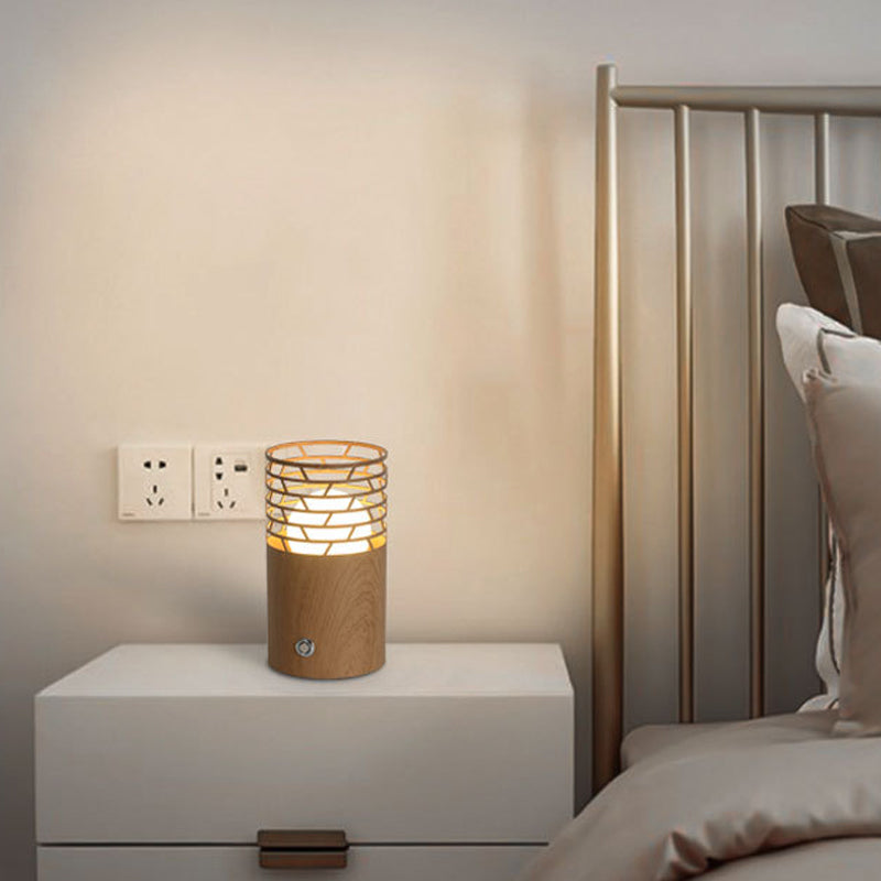 1 Bulb Living Room Table Light Modern Brown Nightstand Lamp with Cylinder Wood Shade Wood Clearhalo 'Lamps' 'Table Lamps' Lighting' 737542