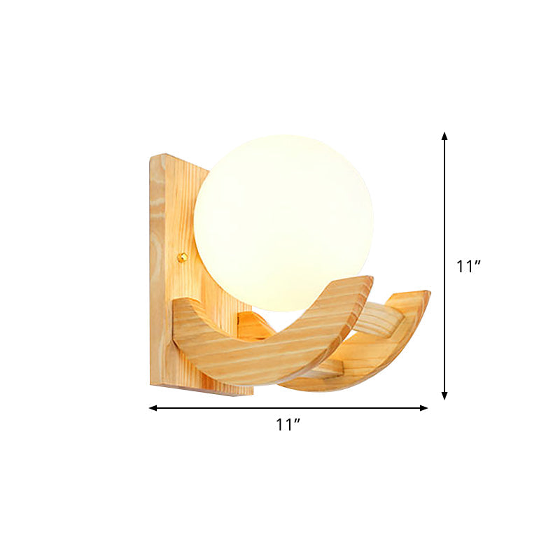 Arced Arm Wood Sconce Light Fixture Modern 1 Bulb Beige Wall Mounted Lamp with Orb White Glass Shade Clearhalo 'Modern wall lights' 'Modern' 'Wall Lamps & Sconces' 'Wall Lights' Lighting' 737665