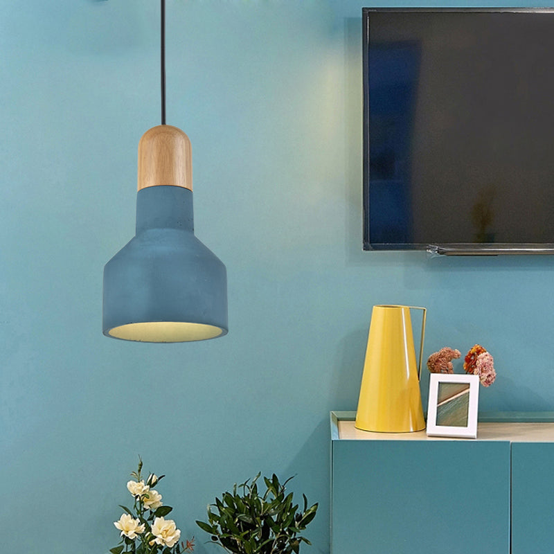 1-Bulb Jar Shape Pendant Light Kit Industrial Grey/Red/Blue Cement Hanging Ceiling Lamp with Wood Top Clearhalo 'Ceiling Lights' 'Industrial Pendants' 'Industrial' 'Middle Century Pendants' 'Pendant Lights' 'Pendants' 'Tiffany' Lighting' 737980