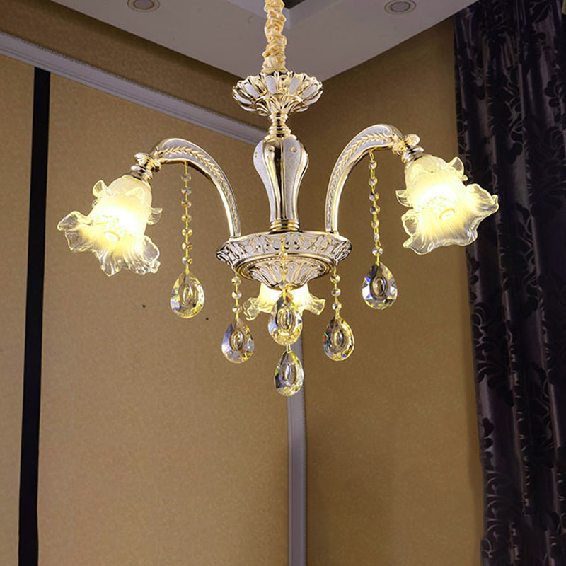 Gold 3/6-Light Ceiling Chandelier Traditional Crystal Stand Suspension Lighting with Floral Frosted Glass Shade 3 Gold Clearhalo 'Ceiling Lights' 'Chandeliers' Lighting' options 738010_d9d83db2-283e-4824-aa2a-97054f9ffedd