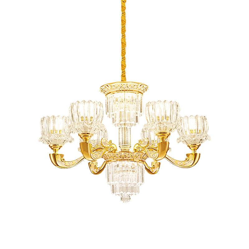 Gold Lotus Suspension Light Contemporary Crystal Rectangle 6/8 Bulbs Living Room Hanging Chandelier Clearhalo 'Ceiling Lights' 'Chandeliers' 'Modern Chandeliers' 'Modern' Lighting' 738123