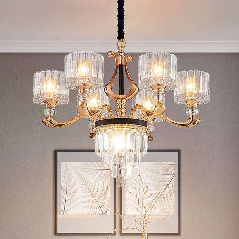 Modernist Drum Ceiling Chandelier 6/8-Bulb Crystal Rectangle Suspension Pendant Light in Black and Gold 6 Black-Gold Clearhalo 'Ceiling Lights' 'Chandeliers' 'Modern Chandeliers' 'Modern' Lighting' 738142
