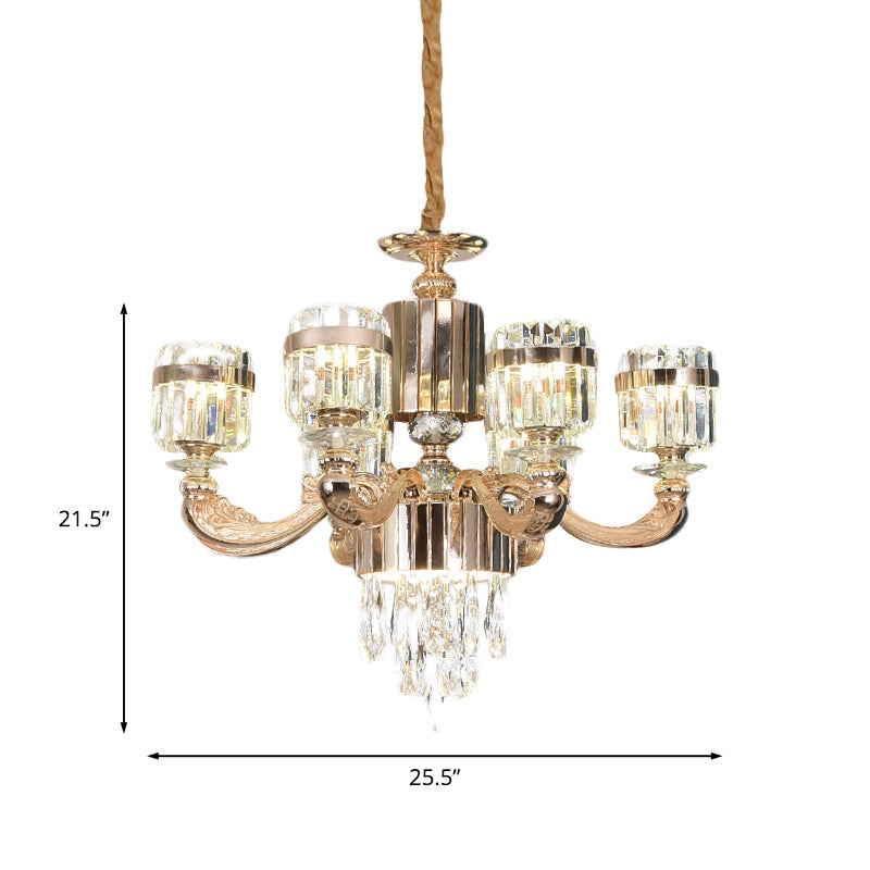 6/8 Lights Cylinder Chandelier Lighting Modern Gold Crystal Ceiling Pendant Lamp over Table Clearhalo 'Ceiling Lights' 'Chandeliers' 'Modern Chandeliers' 'Modern' Lighting' 738178
