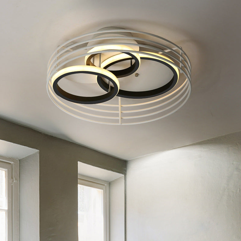 Acrylic 3 Overlapping Rings Flush Light Contemporary 16"/19.5" Wide Black/White LED Ceiling Flush Mount with Drum Cage in Warm/White Light Black Clearhalo 'Ceiling Lights' 'Close To Ceiling Lights' 'Close to ceiling' 'Flush mount' Lighting' 738374