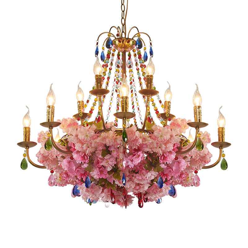 Candlestick Restaurant Hanging Chandelier Antique Iron 6/12 Lights Gold Flower Pendant with Colorful Crystal Clearhalo 'Cast Iron' 'Ceiling Lights' 'Chandeliers' 'Industrial Chandeliers' 'Industrial' 'Metal' 'Middle Century Chandeliers' 'Rustic Chandeliers' 'Tiffany' Lighting' 738591