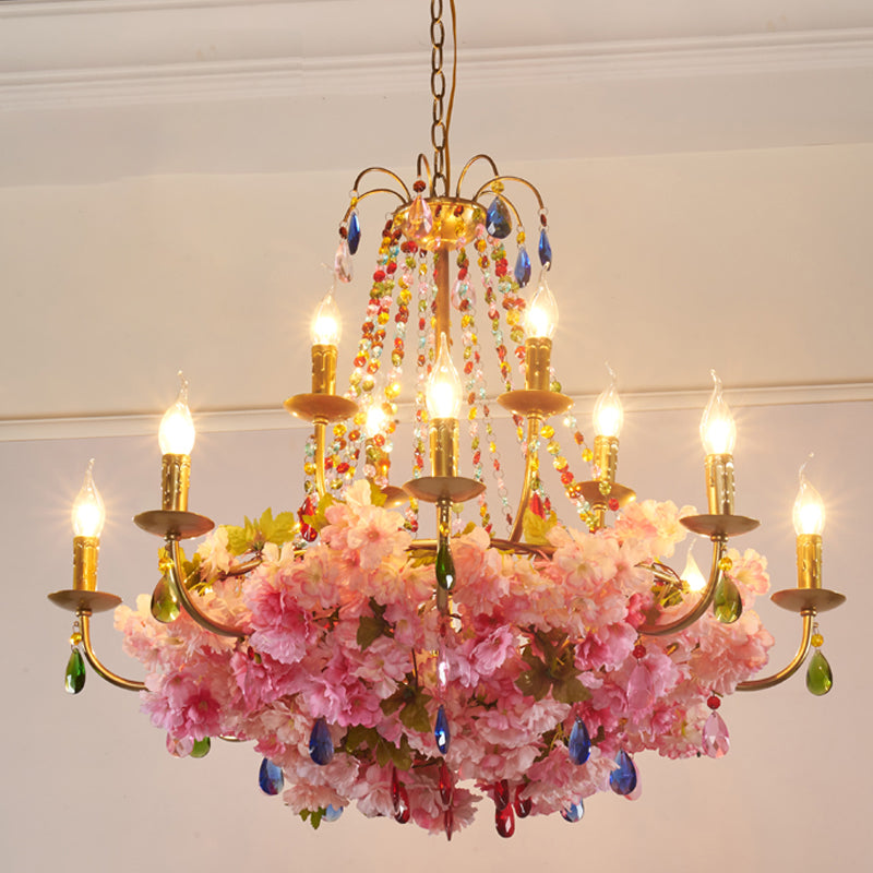 Candlestick Restaurant Hanging Chandelier Antique Iron 6/12 Lights Gold Flower Pendant with Colorful Crystal Clearhalo 'Cast Iron' 'Ceiling Lights' 'Chandeliers' 'Industrial Chandeliers' 'Industrial' 'Metal' 'Middle Century Chandeliers' 'Rustic Chandeliers' 'Tiffany' Lighting' 738592