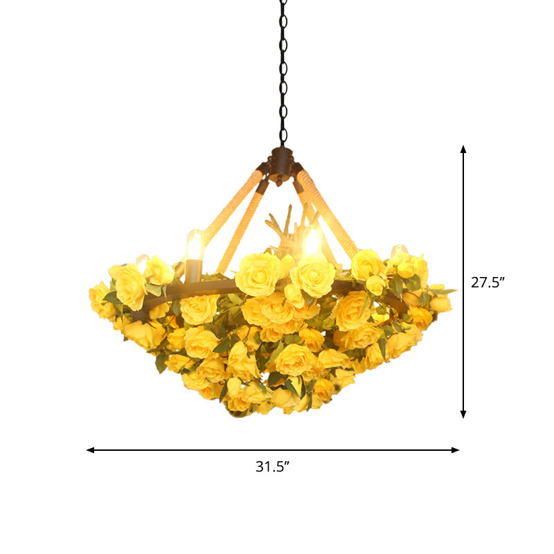 Antique Round Pendant Chandelier 6 Lights Iron Flower Hanging Ceiling Light with Hemp Rope in Yellow/Pink/Light Pink Clearhalo 'Cast Iron' 'Ceiling Lights' 'Chandeliers' 'Industrial Chandeliers' 'Industrial' 'Metal' 'Middle Century Chandeliers' 'Rustic Chandeliers' 'Tiffany' Lighting' 738696