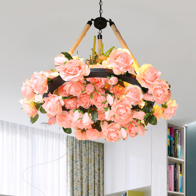 Antique Round Pendant Chandelier 6 Lights Iron Flower Hanging Ceiling Light with Hemp Rope in Yellow/Pink/Light Pink Light Pink Clearhalo 'Cast Iron' 'Ceiling Lights' 'Chandeliers' 'Industrial Chandeliers' 'Industrial' 'Metal' 'Middle Century Chandeliers' 'Rustic Chandeliers' 'Tiffany' Lighting' 738697