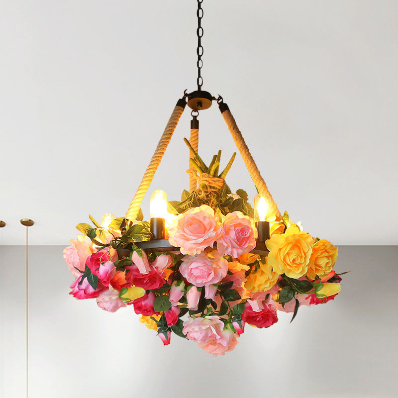Antique Round Pendant Chandelier 6 Lights Iron Flower Hanging Ceiling Light with Hemp Rope in Yellow/Pink/Light Pink Pink-Pink-Yellow Clearhalo 'Cast Iron' 'Ceiling Lights' 'Chandeliers' 'Industrial Chandeliers' 'Industrial' 'Metal' 'Middle Century Chandeliers' 'Rustic Chandeliers' 'Tiffany' Lighting' 738702