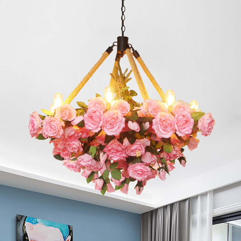 Antique Round Pendant Chandelier 6 Lights Iron Flower Hanging Ceiling Light with Hemp Rope in Yellow/Pink/Light Pink Pink Clearhalo 'Cast Iron' 'Ceiling Lights' 'Chandeliers' 'Industrial Chandeliers' 'Industrial' 'Metal' 'Middle Century Chandeliers' 'Rustic Chandeliers' 'Tiffany' Lighting' 738707