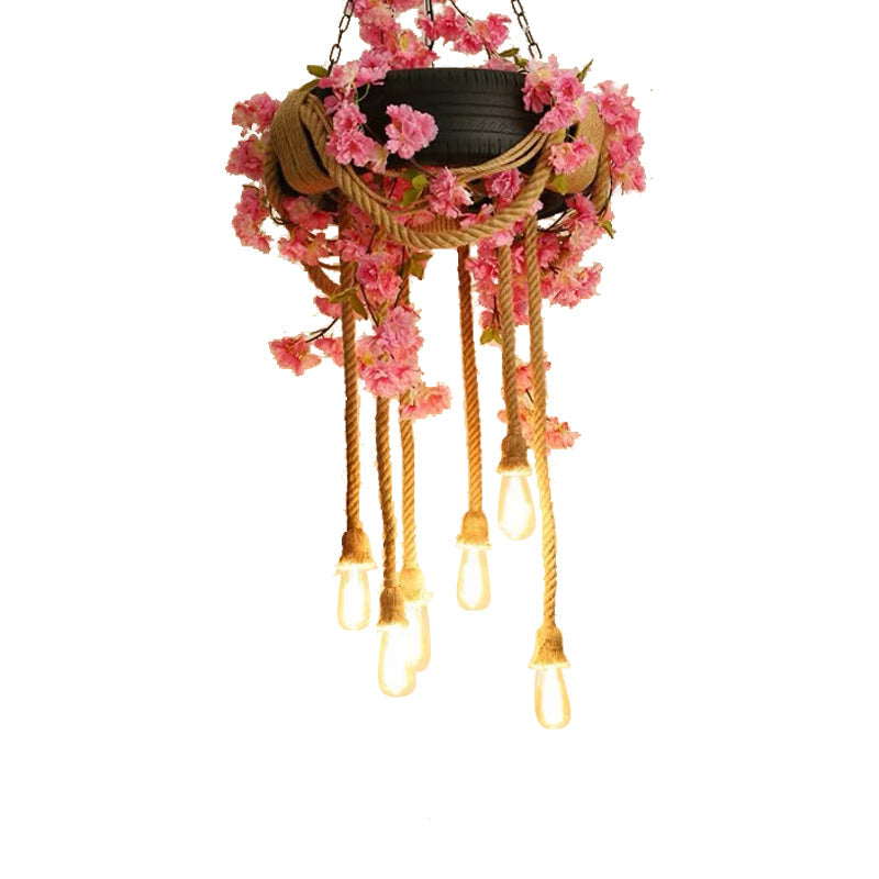 Pink/Green 6-Light Chandelier Lamp Warehouse Hemp Rope Open Bulb Plant/Flower Drop Pendant with Rubber Tire Decoration Clearhalo 'Ceiling Lights' 'Chandeliers' 'Industrial Chandeliers' 'Industrial' 'Middle Century Chandeliers' 'Tiffany' Lighting' 738726