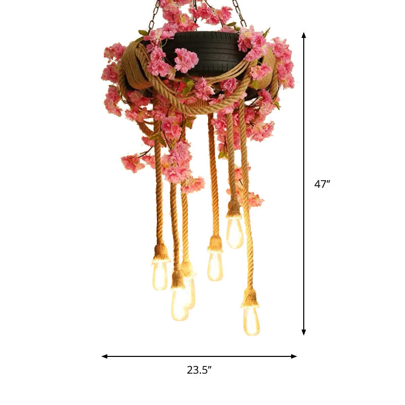 Pink/Green 6-Light Chandelier Lamp Warehouse Hemp Rope Open Bulb Plant/Flower Drop Pendant with Rubber Tire Decoration Clearhalo 'Ceiling Lights' 'Chandeliers' 'Industrial Chandeliers' 'Industrial' 'Middle Century Chandeliers' 'Tiffany' Lighting' 738728
