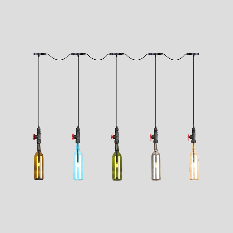 Black Finish 3/5/7 Bulbs Multi Ceiling Light Industrial Colored Glass Bottle LED Tandem Pendulum Lamp Clearhalo 'Ceiling Lights' 'Glass shade' 'Glass' 'Industrial Pendants' 'Industrial' 'Middle Century Pendants' 'Pendant Lights' 'Pendants' 'Tiffany' Lighting' 738851