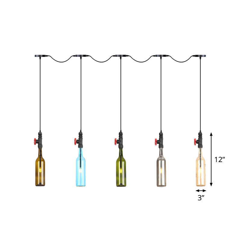 Black Finish 3/5/7 Bulbs Multi Ceiling Light Industrial Colored Glass Bottle LED Tandem Pendulum Lamp Clearhalo 'Ceiling Lights' 'Glass shade' 'Glass' 'Industrial Pendants' 'Industrial' 'Middle Century Pendants' 'Pendant Lights' 'Pendants' 'Tiffany' Lighting' 738852