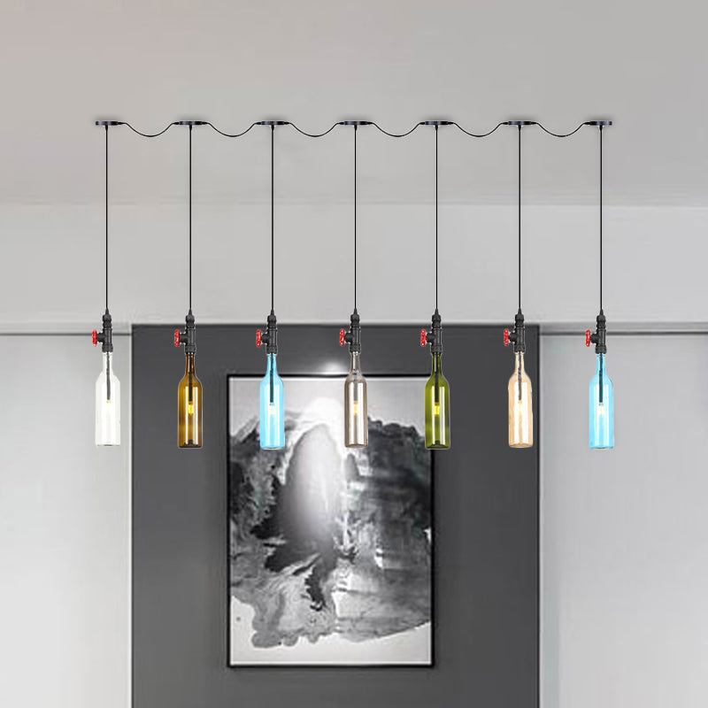 Black Finish 3/5/7 Bulbs Multi Ceiling Light Industrial Colored Glass Bottle LED Tandem Pendulum Lamp Clearhalo 'Ceiling Lights' 'Glass shade' 'Glass' 'Industrial Pendants' 'Industrial' 'Middle Century Pendants' 'Pendant Lights' 'Pendants' 'Tiffany' Lighting' 738854