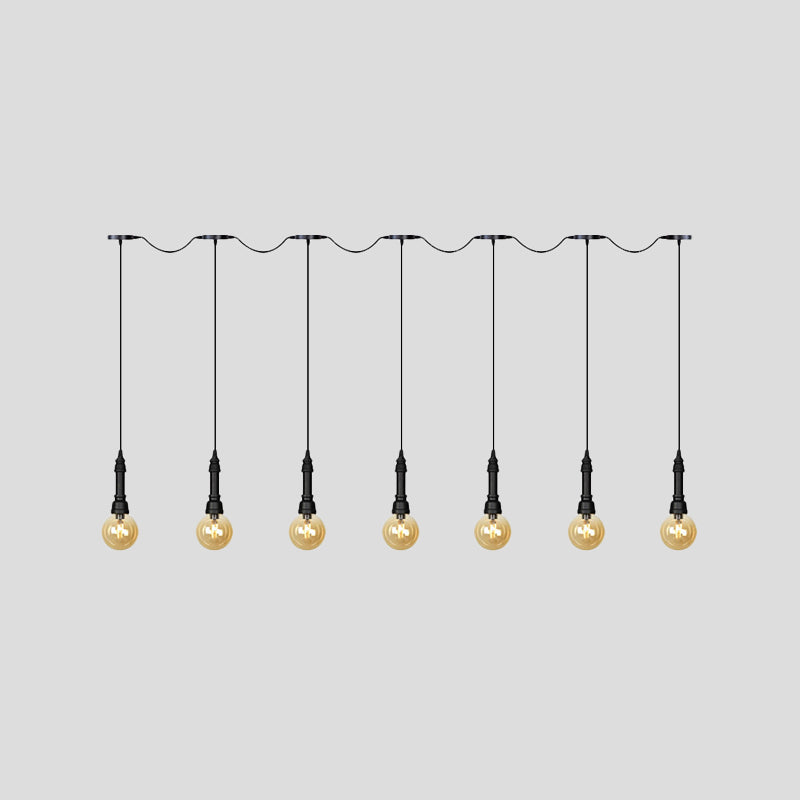Amber Glass Ball Multiple Hanging Light Vintage 3/5/7-Light Coffee House Tandem LED Ceiling Pendant Lamp in Black Clearhalo 'Ceiling Lights' 'Glass shade' 'Glass' 'Industrial Pendants' 'Industrial' 'Middle Century Pendants' 'Pendant Lights' 'Pendants' 'Tiffany' Lighting' 738894