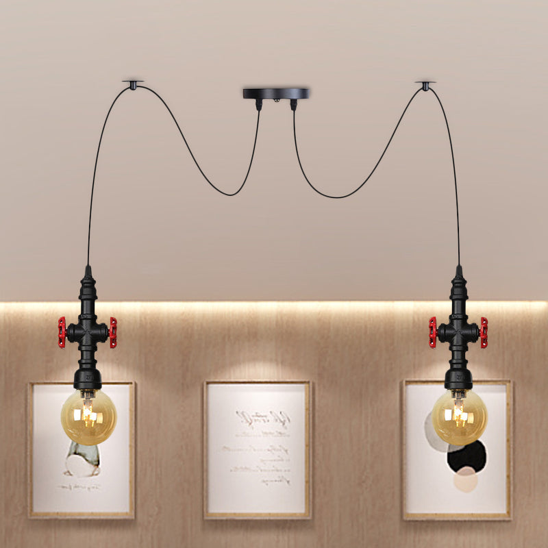Globe Restaurant LED Multi Ceiling Light Industrial Amber Glass 2/3/6-Head Black Swag Pendant Lamp Fixture with Valve Deco 2 Black Clearhalo 'Ceiling Lights' 'Glass shade' 'Glass' 'Industrial Pendants' 'Industrial' 'Middle Century Pendants' 'Pendant Lights' 'Pendants' 'Tiffany' Lighting' 738896