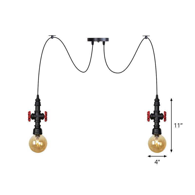 Globe Restaurant LED Multi Ceiling Light Industrial Amber Glass 2/3/6-Head Black Swag Pendant Lamp Fixture with Valve Deco Clearhalo 'Ceiling Lights' 'Glass shade' 'Glass' 'Industrial Pendants' 'Industrial' 'Middle Century Pendants' 'Pendant Lights' 'Pendants' 'Tiffany' Lighting' 738899