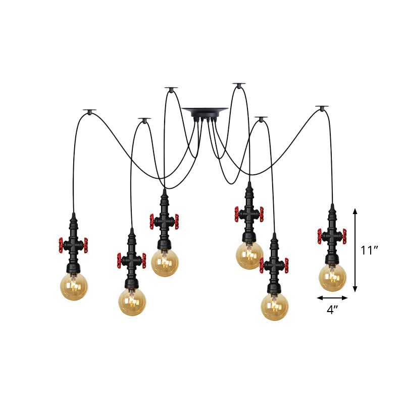 Globe Restaurant LED Multi Ceiling Light Industrial Amber Glass 2/3/6-Head Black Swag Pendant Lamp Fixture with Valve Deco Clearhalo 'Ceiling Lights' 'Glass shade' 'Glass' 'Industrial Pendants' 'Industrial' 'Middle Century Pendants' 'Pendant Lights' 'Pendants' 'Tiffany' Lighting' 738909