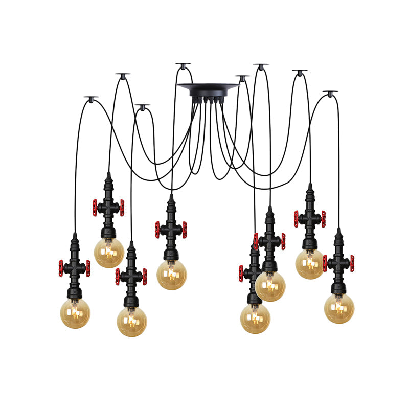 Globe Restaurant LED Multi Ceiling Light Industrial Amber Glass 2/3/6-Head Black Swag Pendant Lamp Fixture with Valve Deco Clearhalo 'Ceiling Lights' 'Glass shade' 'Glass' 'Industrial Pendants' 'Industrial' 'Middle Century Pendants' 'Pendant Lights' 'Pendants' 'Tiffany' Lighting' 738912