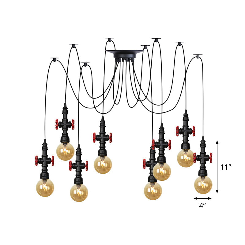Globe Restaurant LED Multi Ceiling Light Industrial Amber Glass 2/3/6-Head Black Swag Pendant Lamp Fixture with Valve Deco Clearhalo 'Ceiling Lights' 'Glass shade' 'Glass' 'Industrial Pendants' 'Industrial' 'Middle Century Pendants' 'Pendant Lights' 'Pendants' 'Tiffany' Lighting' 738914