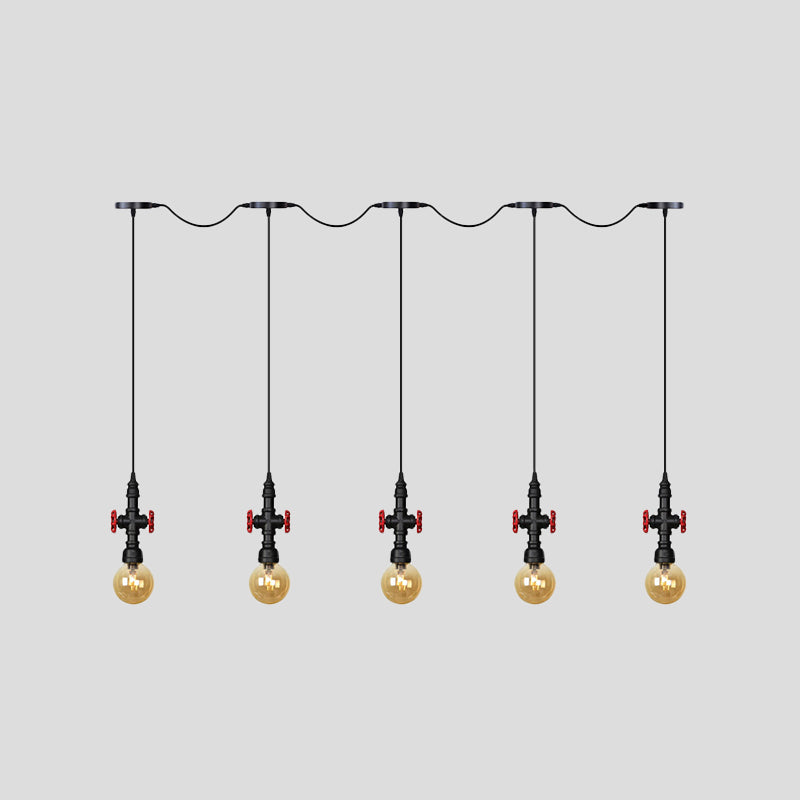 Antiqued Sphere Multi Light Chandelier 3/5/7-Bulb Amber Glass Tandem LED Suspension Pendant in Black Clearhalo 'Ceiling Lights' 'Glass shade' 'Glass' 'Industrial Pendants' 'Industrial' 'Middle Century Pendants' 'Pendant Lights' 'Pendants' 'Tiffany' Lighting' 738927