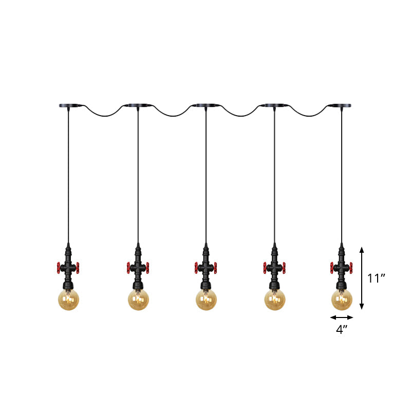 Antiqued Sphere Multi Light Chandelier 3/5/7-Bulb Amber Glass Tandem LED Suspension Pendant in Black Clearhalo 'Ceiling Lights' 'Glass shade' 'Glass' 'Industrial Pendants' 'Industrial' 'Middle Century Pendants' 'Pendant Lights' 'Pendants' 'Tiffany' Lighting' 738928