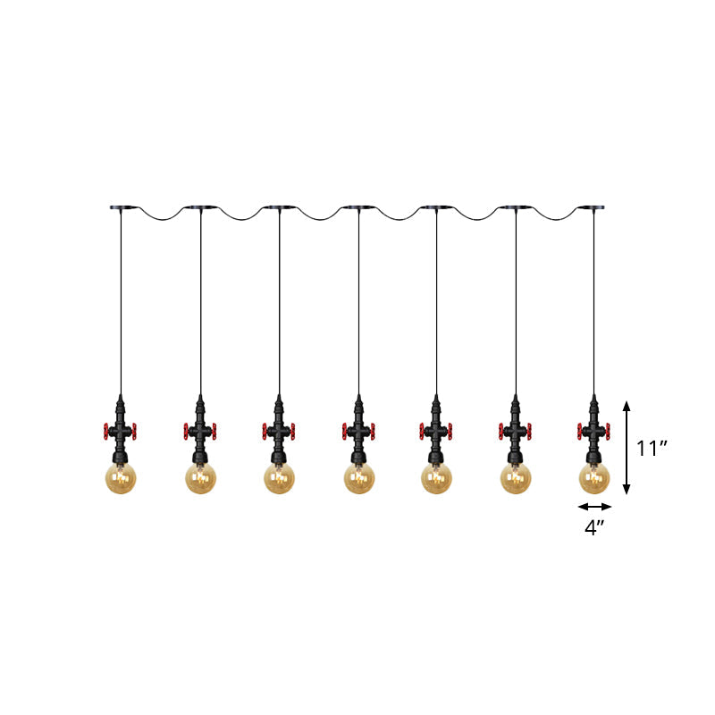 Antiqued Sphere Multi Light Chandelier 3/5/7-Bulb Amber Glass Tandem LED Suspension Pendant in Black Clearhalo 'Ceiling Lights' 'Glass shade' 'Glass' 'Industrial Pendants' 'Industrial' 'Middle Century Pendants' 'Pendant Lights' 'Pendants' 'Tiffany' Lighting' 738933