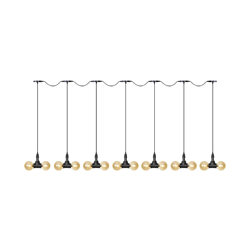 Black 6/10/14 Heads Multi Light Pendant Vintage Amber Glass Ball Tandem LED Suspension Lamp Clearhalo 'Ceiling Lights' 'Close To Ceiling Lights' 'Glass shade' 'Glass' 'Industrial Pendants' 'Industrial' 'Middle Century Pendants' 'Pendant Lights' 'Pendants' 'Tiffany' Lighting' 738964