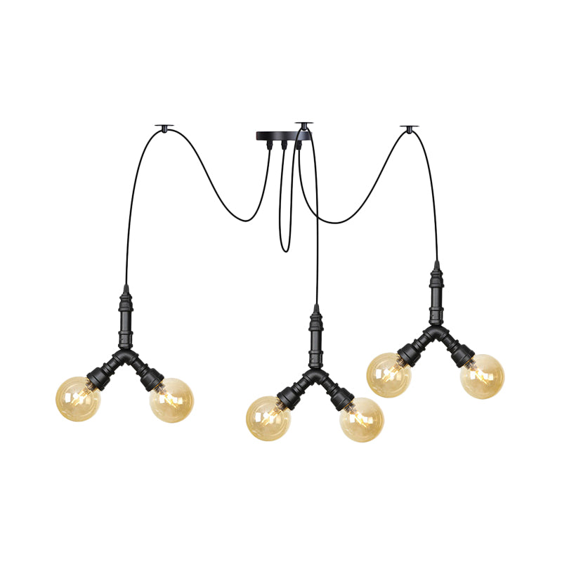 Amber Glass Globe Swag Multi Ceiling Light Industrial 4/6/12 Lights Restaurant LED Pendulum Lamp in Black Clearhalo 'Ceiling Lights' 'Glass shade' 'Glass' 'Industrial Pendants' 'Industrial' 'Middle Century Pendants' 'Pendant Lights' 'Pendants' 'Tiffany' Lighting' 738973