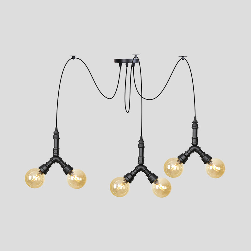 Amber Glass Globe Swag Multi Ceiling Light Industrial 4/6/12 Lights Restaurant LED Pendulum Lamp in Black Clearhalo 'Ceiling Lights' 'Glass shade' 'Glass' 'Industrial Pendants' 'Industrial' 'Middle Century Pendants' 'Pendant Lights' 'Pendants' 'Tiffany' Lighting' 738974