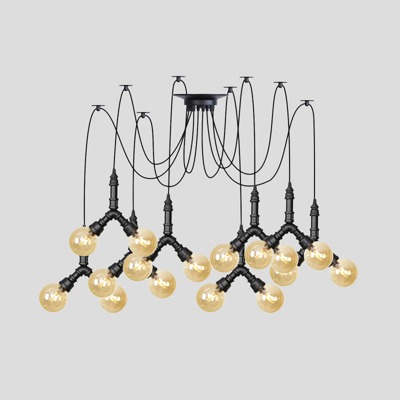 Amber Glass Globe Swag Multi Ceiling Light Industrial 4/6/12 Lights Restaurant LED Pendulum Lamp in Black Clearhalo 'Ceiling Lights' 'Glass shade' 'Glass' 'Industrial Pendants' 'Industrial' 'Middle Century Pendants' 'Pendant Lights' 'Pendants' 'Tiffany' Lighting' 738984