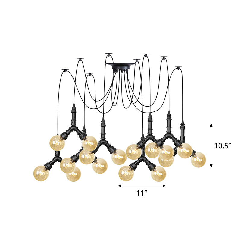 Amber Glass Globe Swag Multi Ceiling Light Industrial 4/6/12 Lights Restaurant LED Pendulum Lamp in Black Clearhalo 'Ceiling Lights' 'Glass shade' 'Glass' 'Industrial Pendants' 'Industrial' 'Middle Century Pendants' 'Pendant Lights' 'Pendants' 'Tiffany' Lighting' 738985