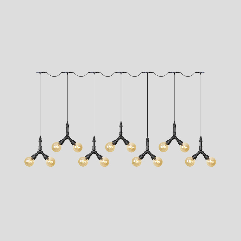 Vintage Sphere LED Multi Lamp Pendant 6/10/14-Bulb Amber Glass Swag Hanging Light Fixture in Black Clearhalo 'Ceiling Lights' 'Glass shade' 'Glass' 'Industrial Pendants' 'Industrial' 'Middle Century Pendants' 'Pendant Lights' 'Pendants' 'Tiffany' Lighting' 738998