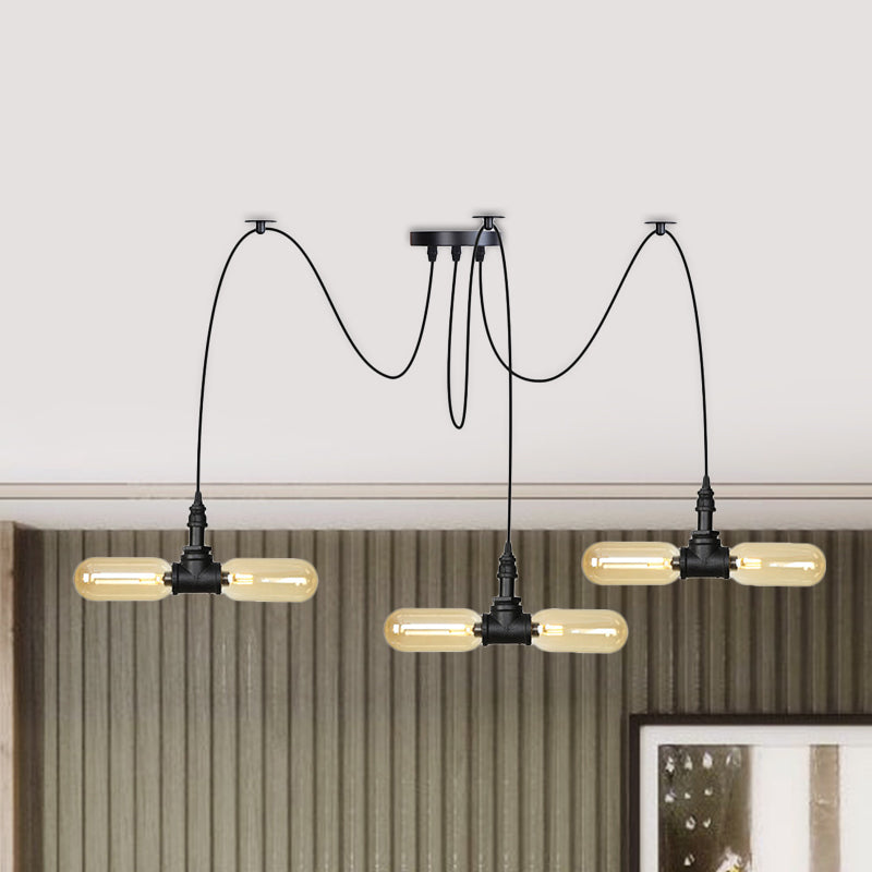 4/6/12-Bulb Amber Glass LED Pendant Vintage Black Capsule Restaurant Swag LED Multi Ceiling Lamp Clearhalo 'Ceiling Lights' 'Glass shade' 'Glass' 'Industrial Pendants' 'Industrial' 'Middle Century Pendants' 'Pendant Lights' 'Pendants' 'Tiffany' Lighting' 739071