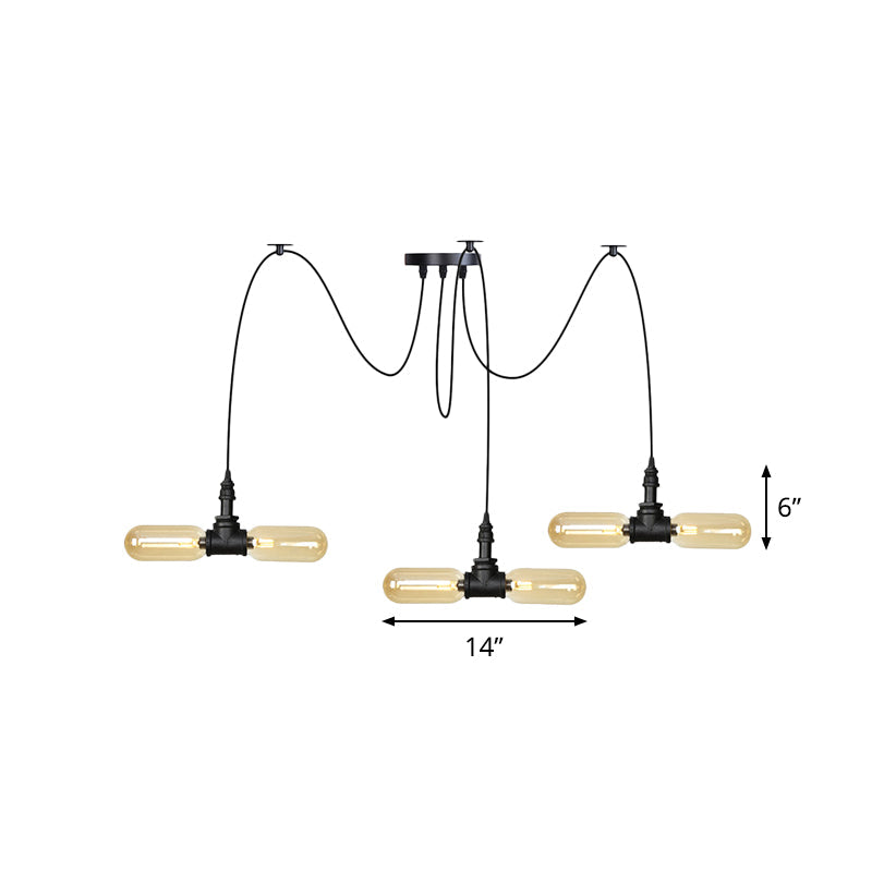 4/6/12-Bulb Amber Glass LED Pendant Vintage Black Capsule Restaurant Swag LED Multi Ceiling Lamp Clearhalo 'Ceiling Lights' 'Glass shade' 'Glass' 'Industrial Pendants' 'Industrial' 'Middle Century Pendants' 'Pendant Lights' 'Pendants' 'Tiffany' Lighting' 739074