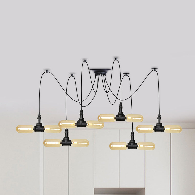 4/6/12-Bulb Amber Glass LED Pendant Vintage Black Capsule Restaurant Swag LED Multi Ceiling Lamp Clearhalo 'Ceiling Lights' 'Glass shade' 'Glass' 'Industrial Pendants' 'Industrial' 'Middle Century Pendants' 'Pendant Lights' 'Pendants' 'Tiffany' Lighting' 739076