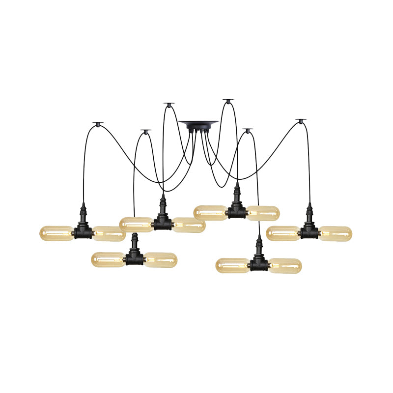 4/6/12-Bulb Amber Glass LED Pendant Vintage Black Capsule Restaurant Swag LED Multi Ceiling Lamp Clearhalo 'Ceiling Lights' 'Glass shade' 'Glass' 'Industrial Pendants' 'Industrial' 'Middle Century Pendants' 'Pendant Lights' 'Pendants' 'Tiffany' Lighting' 739077