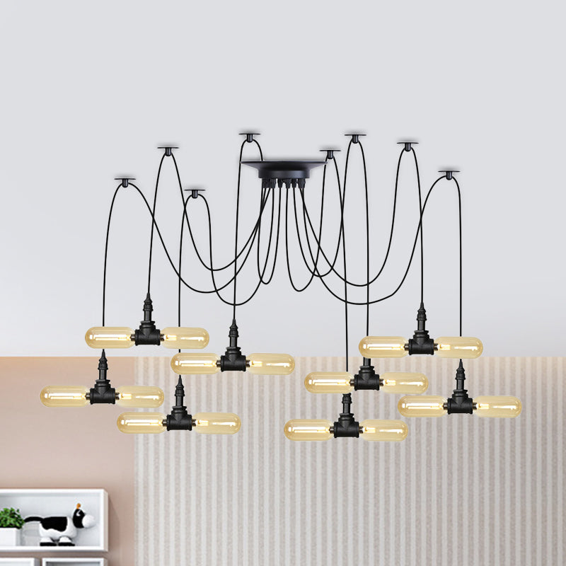 4/6/12-Bulb Amber Glass LED Pendant Vintage Black Capsule Restaurant Swag LED Multi Ceiling Lamp Clearhalo 'Ceiling Lights' 'Glass shade' 'Glass' 'Industrial Pendants' 'Industrial' 'Middle Century Pendants' 'Pendant Lights' 'Pendants' 'Tiffany' Lighting' 739081