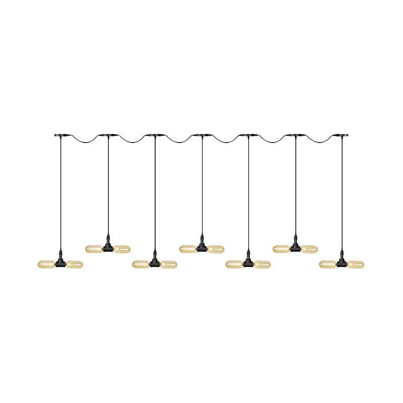 Amber Glass Black Hanging Light Capsule 6/10/14-Light Antiqued LED Tandem Multi Lamp Pendant Clearhalo 'Ceiling Lights' 'Glass shade' 'Glass' 'Industrial Pendants' 'Industrial' 'Middle Century Pendants' 'Pendant Lights' 'Pendants' 'Tiffany' Lighting' 739096