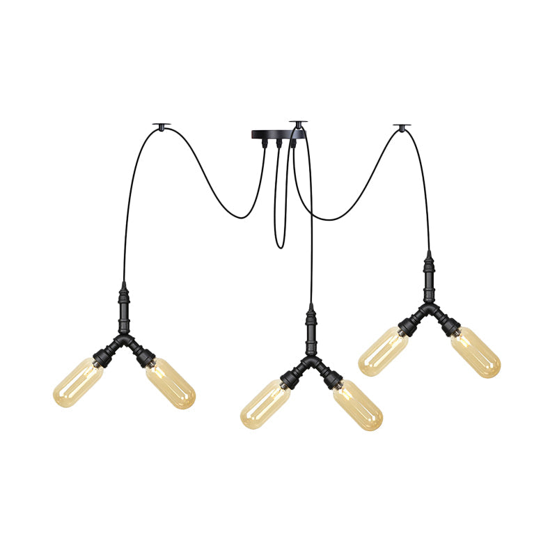 Industrial Capsule Multiple Hanging Light 4/6/12-Head Amber Glass Swag LED Ceiling Lamp in Black Clearhalo 'Ceiling Lights' 'Glass shade' 'Glass' 'Industrial Pendants' 'Industrial' 'Middle Century Pendants' 'Pendant Lights' 'Pendants' 'Tiffany' Lighting' 739105