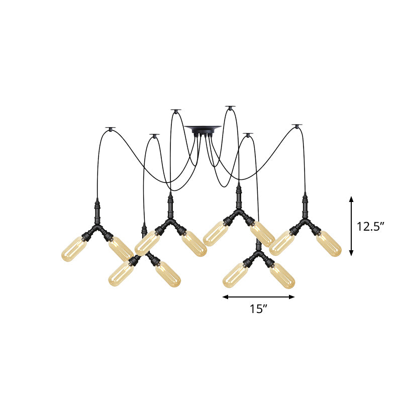 Industrial Capsule Multiple Hanging Light 4/6/12-Head Amber Glass Swag LED Ceiling Lamp in Black Clearhalo 'Ceiling Lights' 'Glass shade' 'Glass' 'Industrial Pendants' 'Industrial' 'Middle Century Pendants' 'Pendant Lights' 'Pendants' 'Tiffany' Lighting' 739112