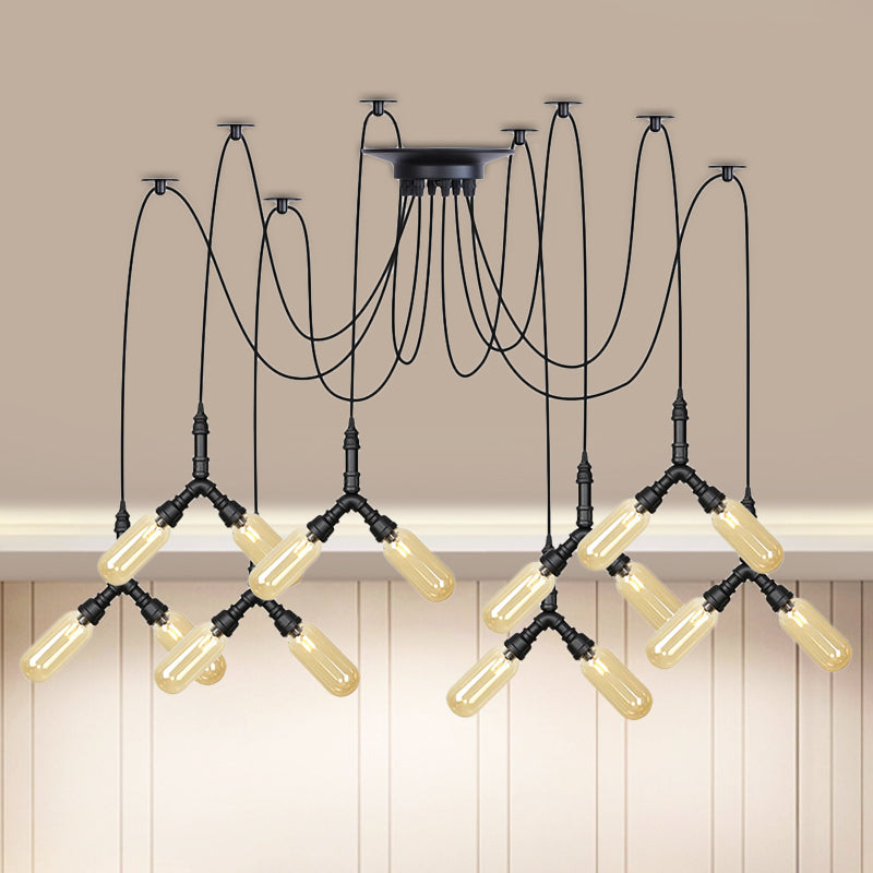 Industrial Capsule Multiple Hanging Light 4/6/12-Head Amber Glass Swag LED Ceiling Lamp in Black 16 Black Clearhalo 'Ceiling Lights' 'Glass shade' 'Glass' 'Industrial Pendants' 'Industrial' 'Middle Century Pendants' 'Pendant Lights' 'Pendants' 'Tiffany' Lighting' 739113