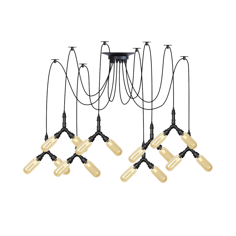 Industrial Capsule Multiple Hanging Light 4/6/12-Head Amber Glass Swag LED Ceiling Lamp in Black Clearhalo 'Ceiling Lights' 'Glass shade' 'Glass' 'Industrial Pendants' 'Industrial' 'Middle Century Pendants' 'Pendant Lights' 'Pendants' 'Tiffany' Lighting' 739115