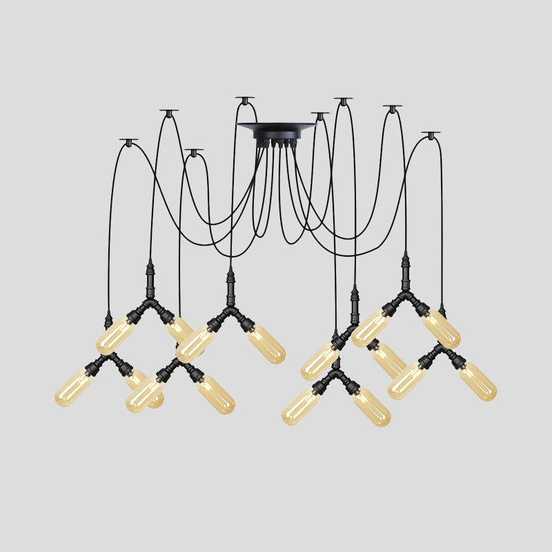 Industrial Capsule Multiple Hanging Light 4/6/12-Head Amber Glass Swag LED Ceiling Lamp in Black Clearhalo 'Ceiling Lights' 'Glass shade' 'Glass' 'Industrial Pendants' 'Industrial' 'Middle Century Pendants' 'Pendant Lights' 'Pendants' 'Tiffany' Lighting' 739116