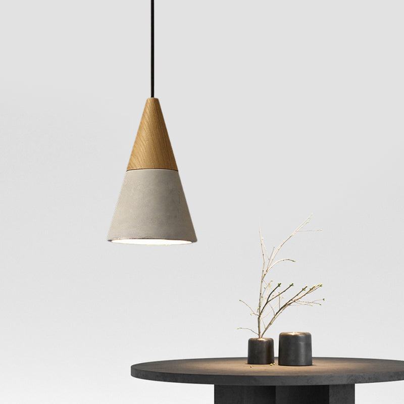 Cement Grey Hanging Light Kit Cone/Trapezoid/Can 1-Head 8.5"/10"/12" High Industrial Pendant Lamp Fixture with Wood Top Clearhalo 'Ceiling Lights' 'Industrial Pendants' 'Industrial' 'Middle Century Pendants' 'Pendant Lights' 'Pendants' 'Tiffany' Lighting' 739181